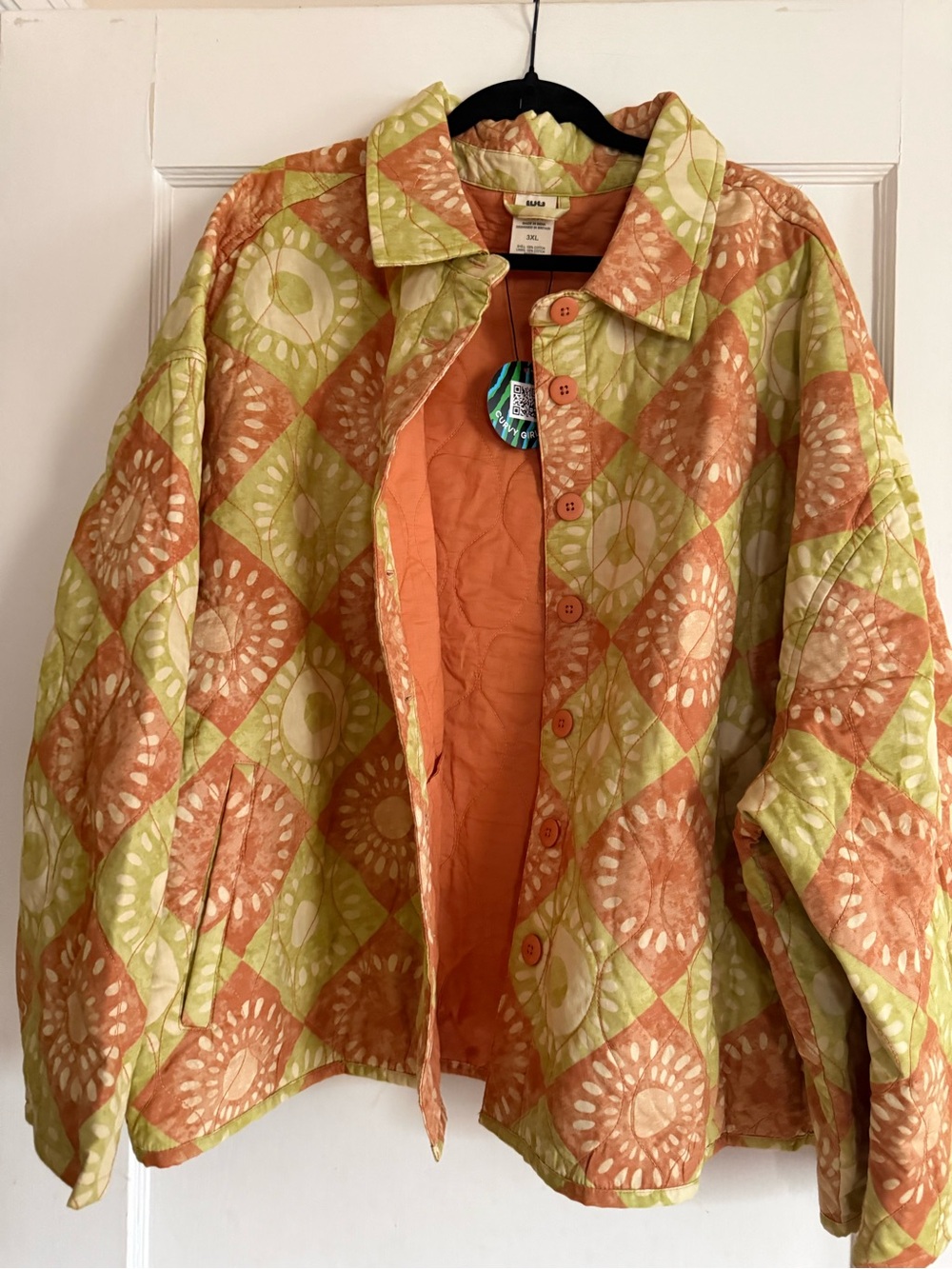 Lucy Yak EUC Quilted Orange & Lime Button-Front Jacket 3XL